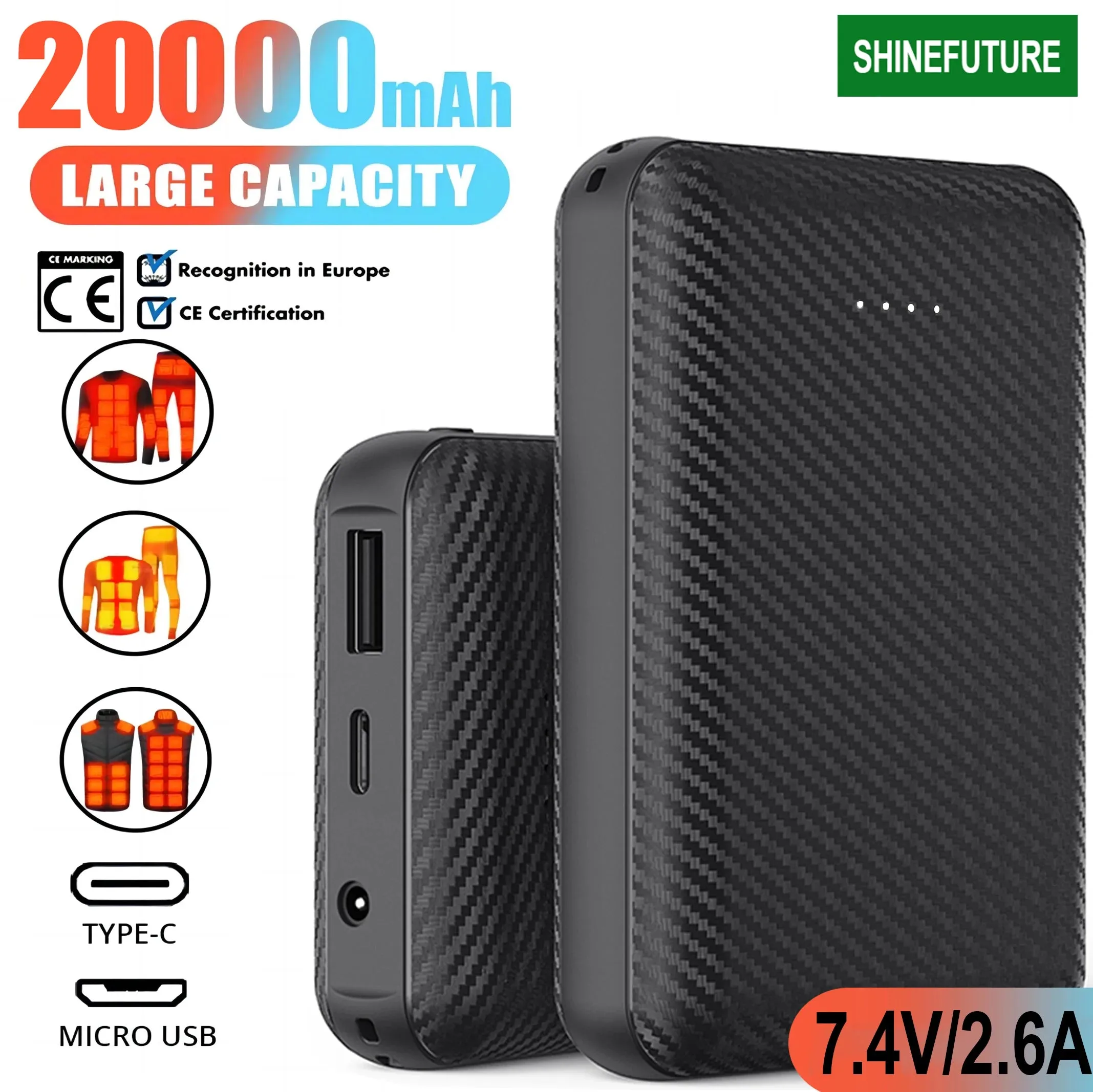 1 - AC - SHINEFUTURE 20,000mAh Power Bank: DC7.4V portable charger for heating vests & phones