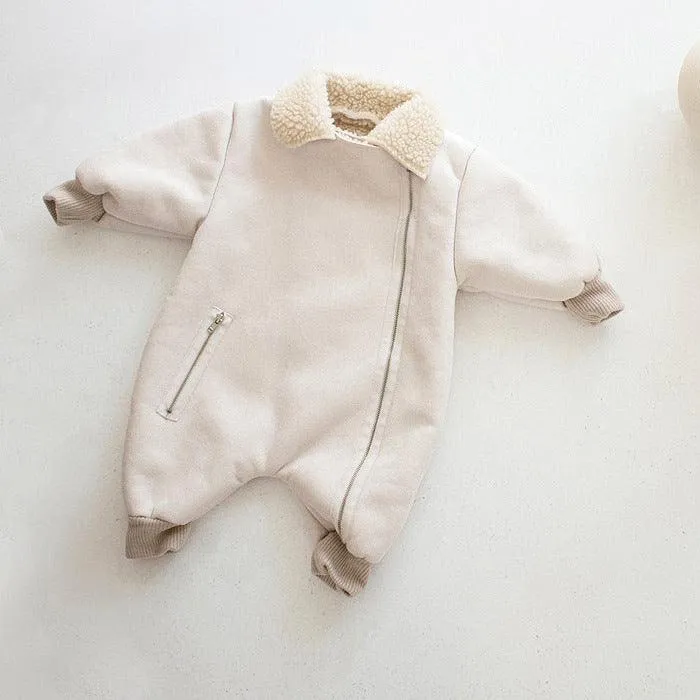 3-18M Plain Baby Rompers Wholesale Side Zip Lapel Long Sleeve Furry Thermal Wholesale Baby Clothes