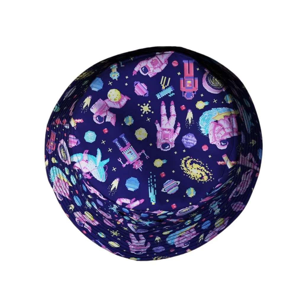 Astronaut Pixels Outer Space Purple Blue Bucket Hat