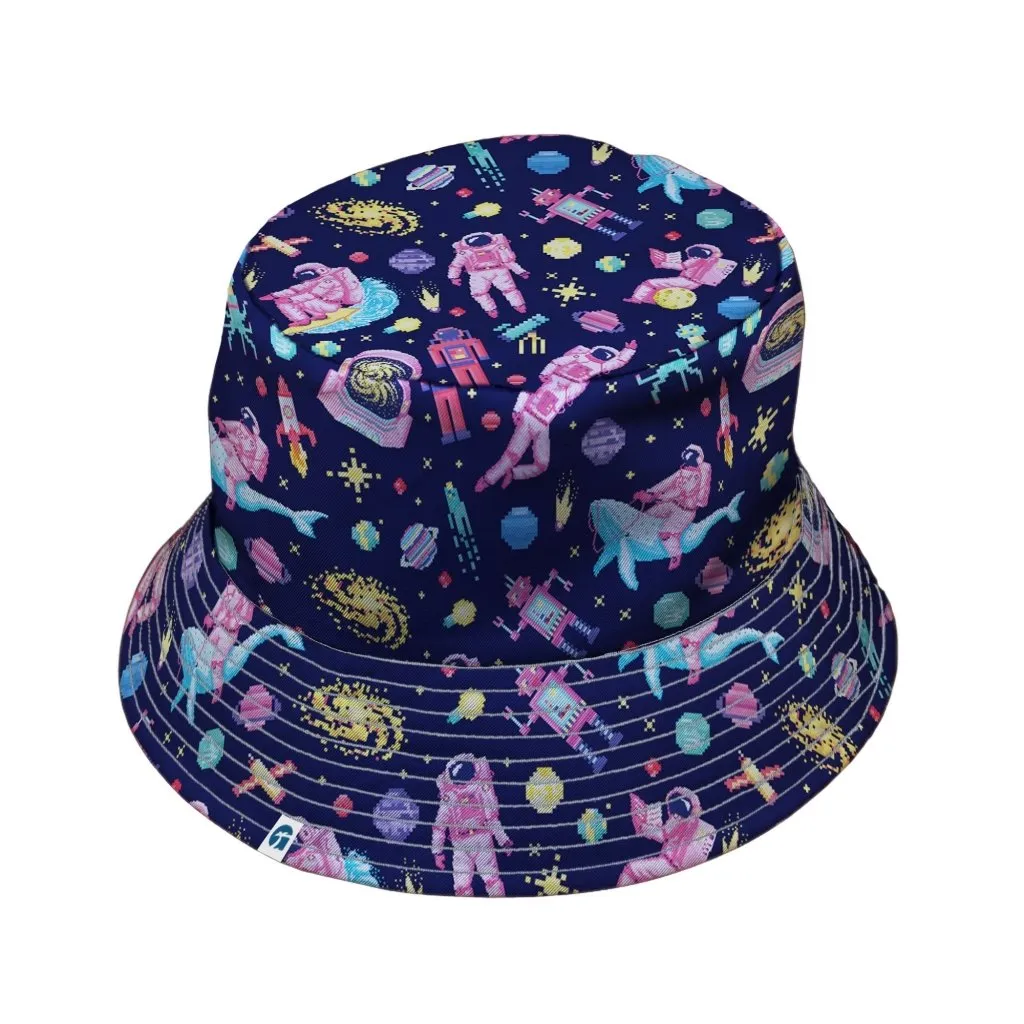 Astronaut Pixels Outer Space Purple Blue Bucket Hat