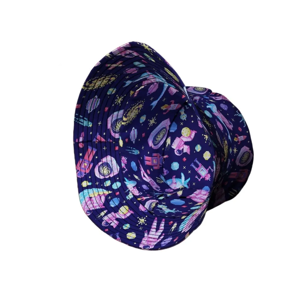 Astronaut Pixels Outer Space Purple Blue Bucket Hat