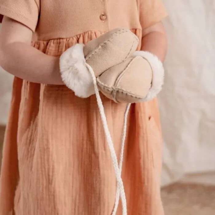 Baa Baby Sheepskin Puddy Mittens on String (Sand)