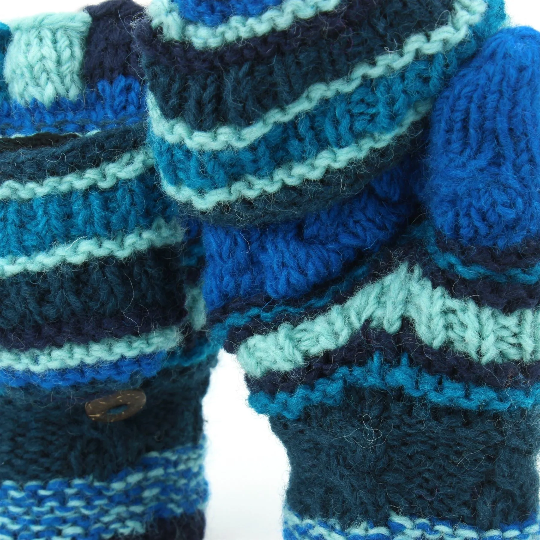 Chunky Wool Fingerless Shooter Gloves - Striped Mixed Knits - Blue