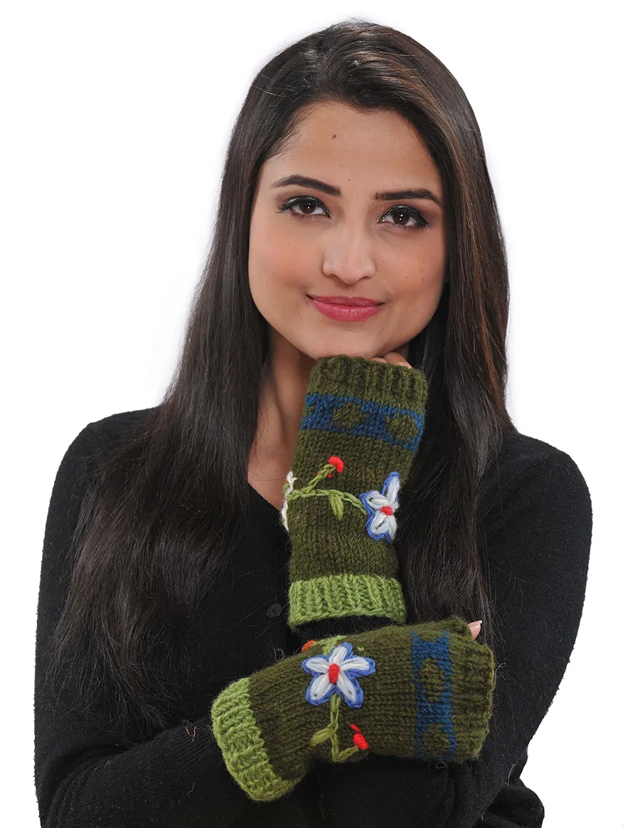 Flower Embroidered Wool Knit Arm Warmers