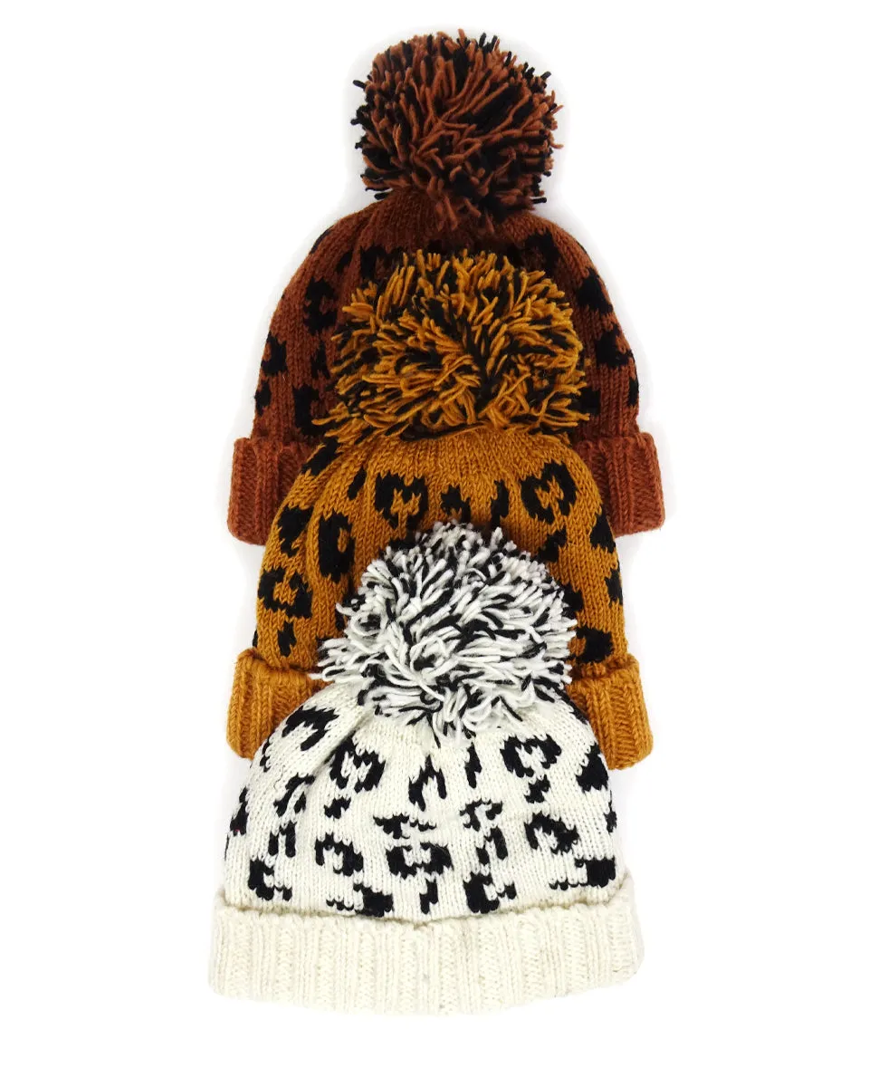 Leopard Beanie with Pom Pom