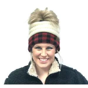 MB-17 MESSY BUN BUFFALO PLAID IVORY RED/BLACK