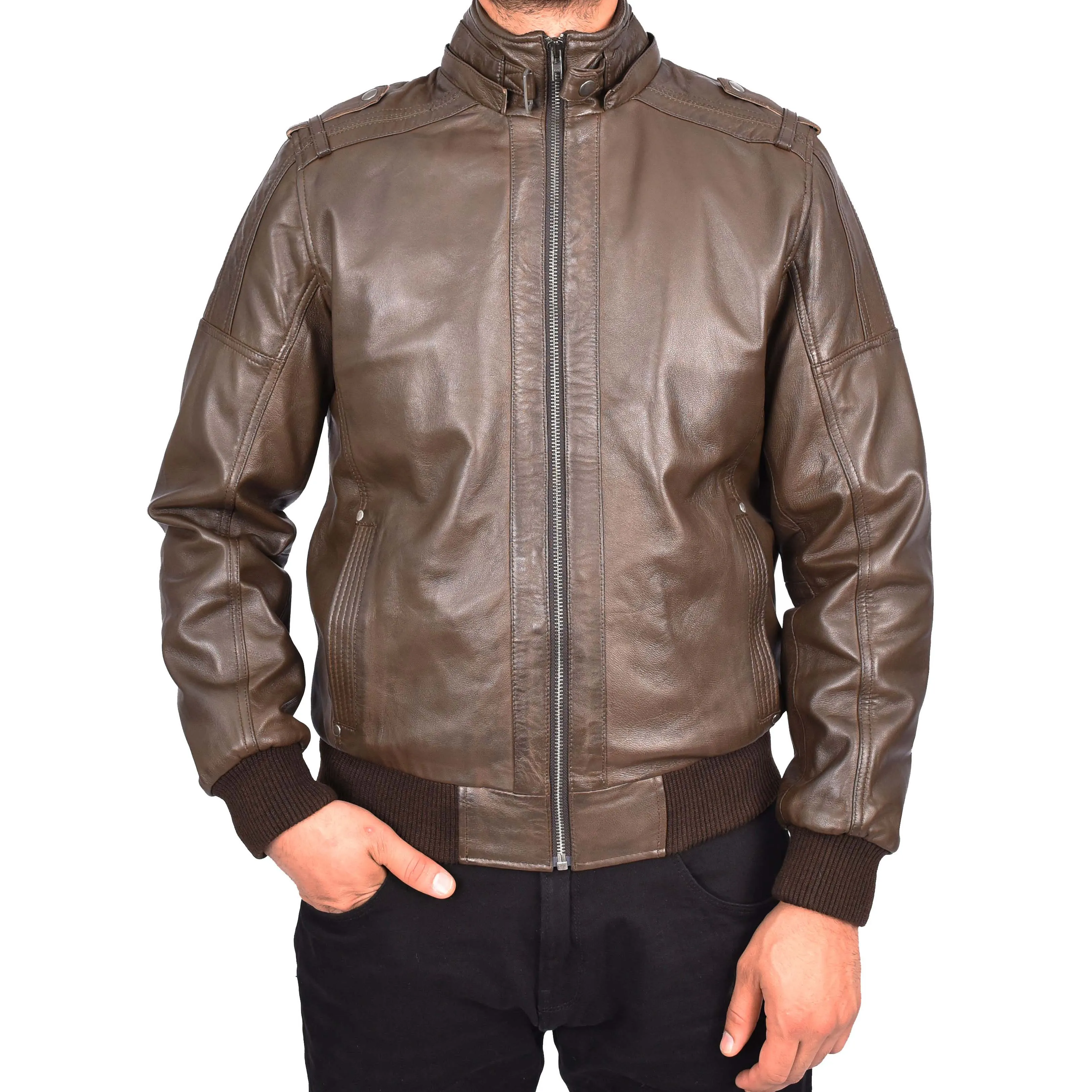 Men's Genuine Leather Bomber Jacket Trendy Removable Hood Casual Style Stevie Brown