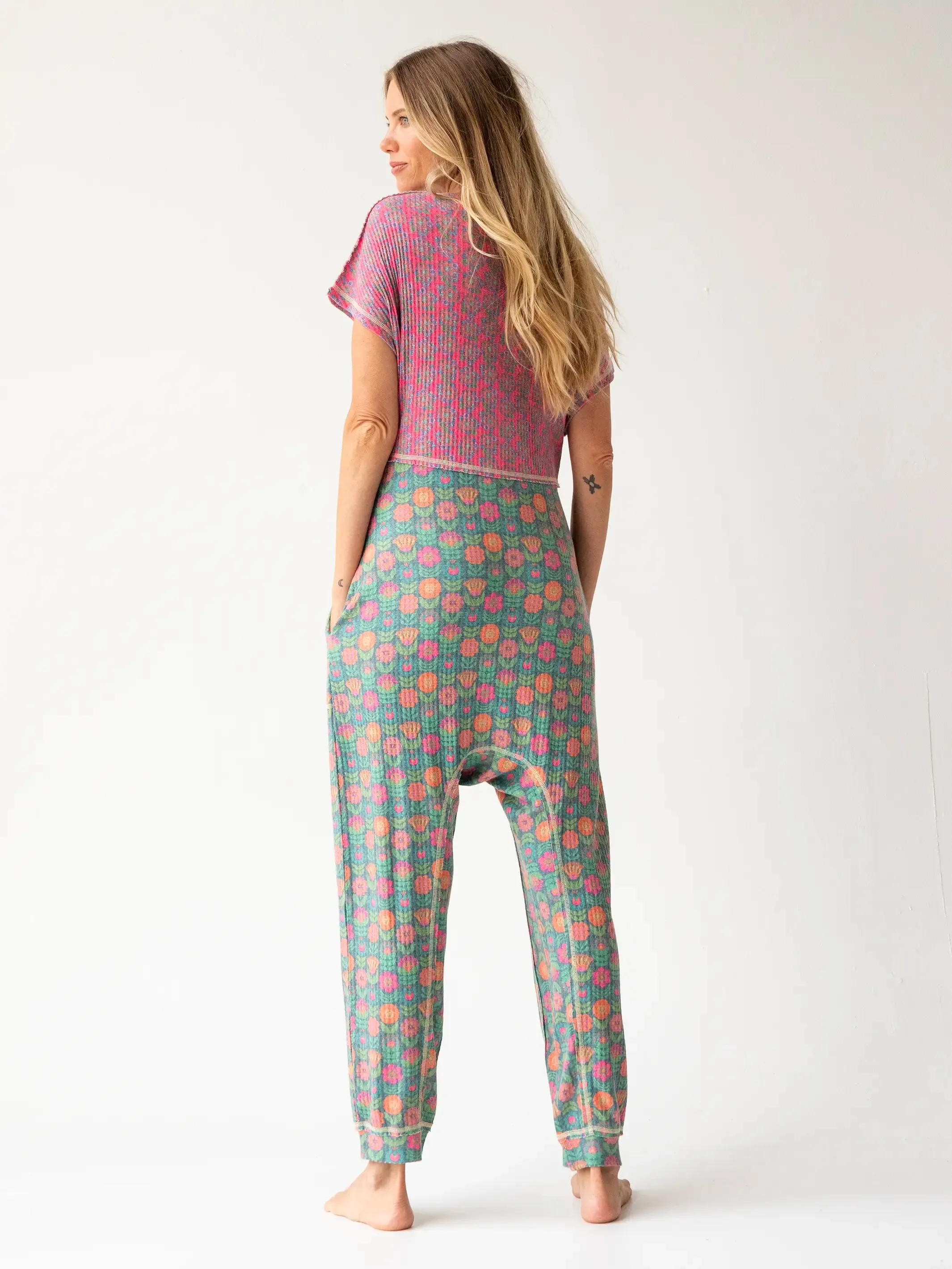 Mix & Match Waffle Jumpsuit - Hot Pink Green Mixed Floral