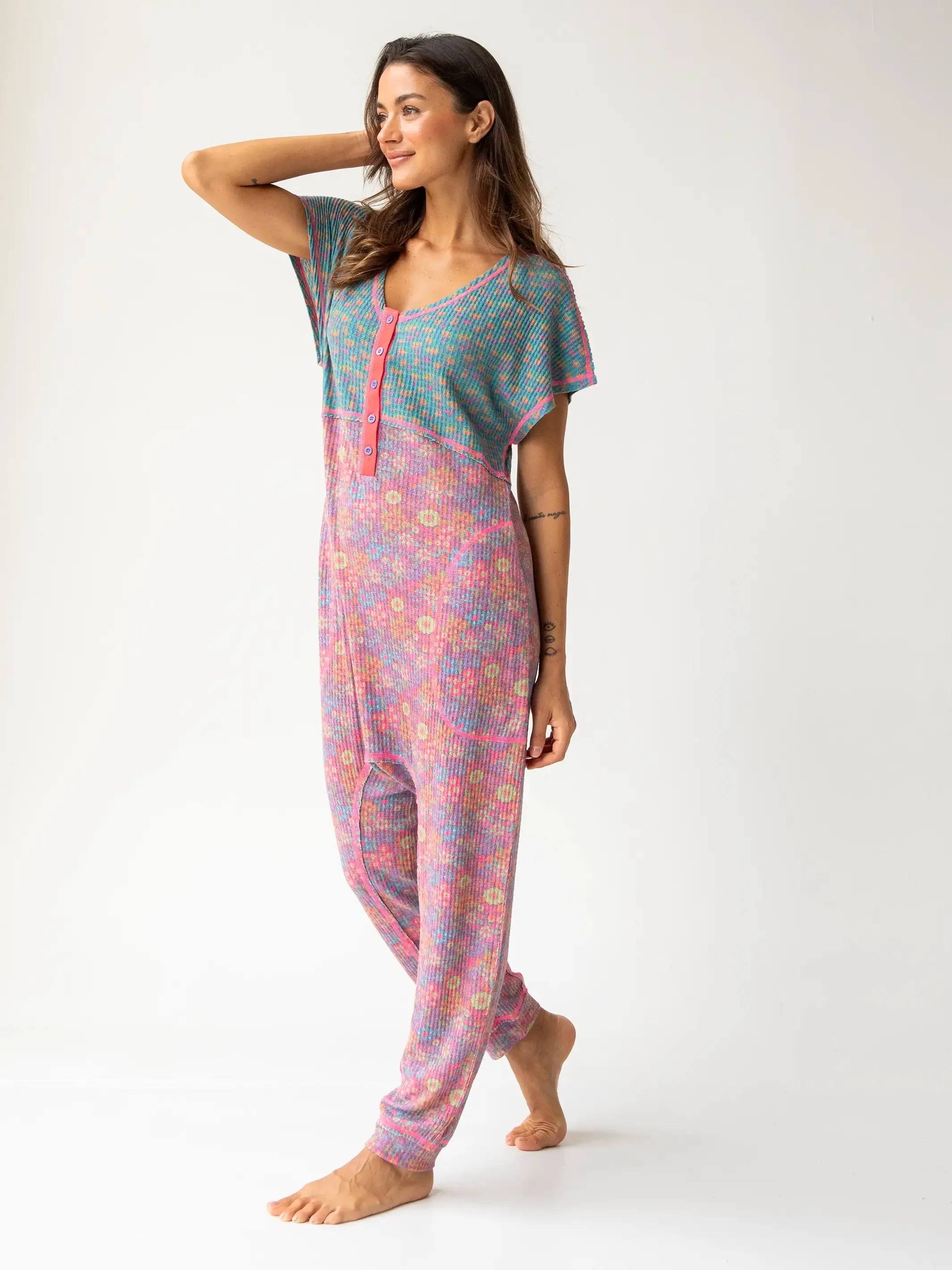 Mix & Match Waffle Jumpsuit - Turquoise Hot Purple Mixed Floral