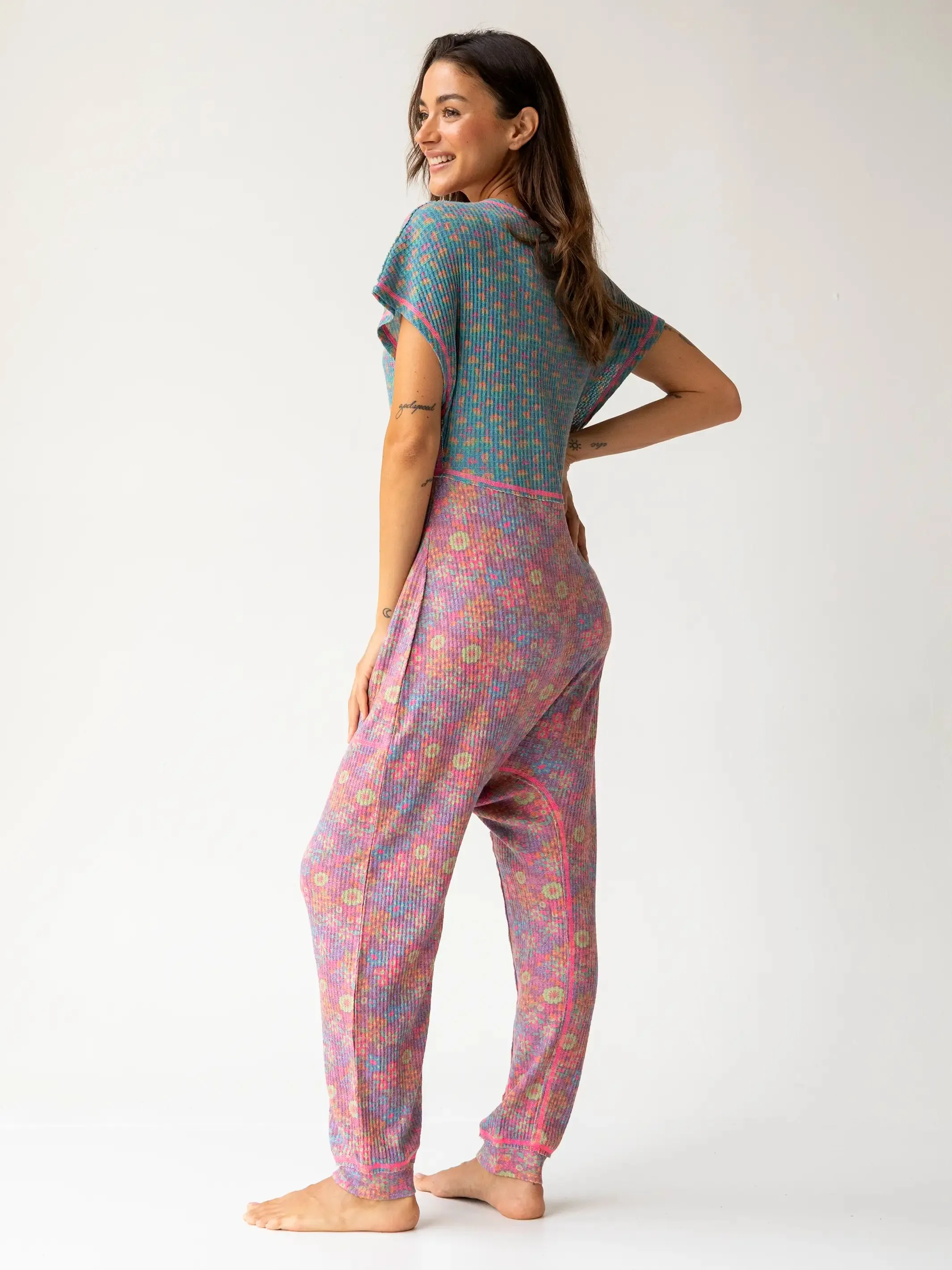 Mix & Match Waffle Jumpsuit - Turquoise Hot Purple Mixed Floral